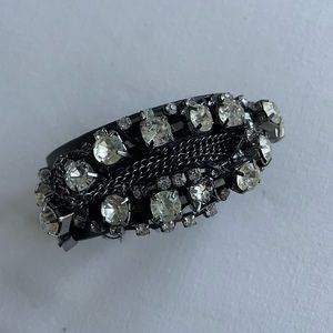 BRACELET white crystals faux black leather calf silver